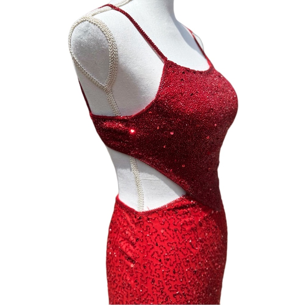Y2k Scala Red Sequin & Beaded Floor Length Silk O… - image 4